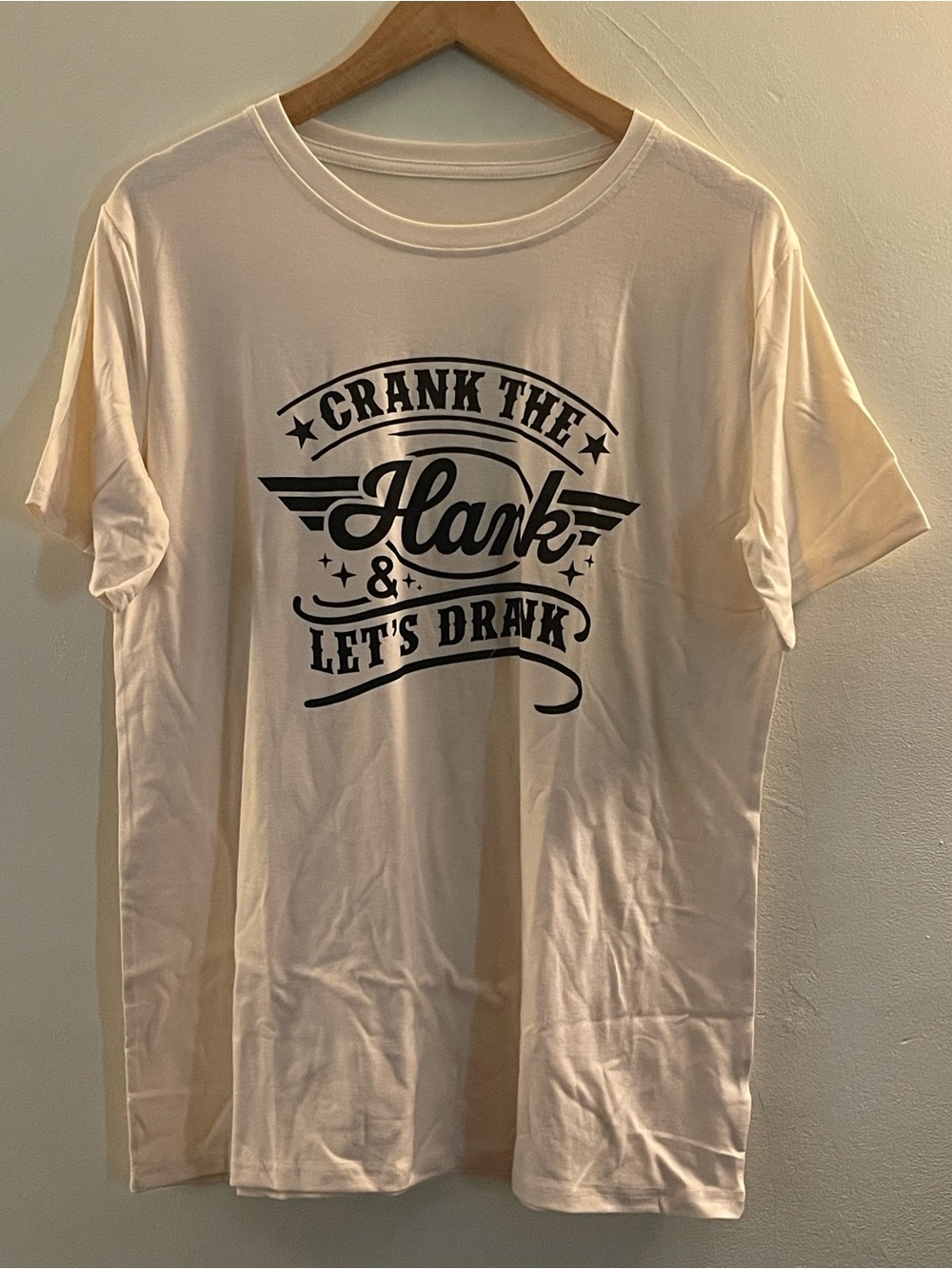 Graphic Tee with "Crank the Hank & Let's Drank" Print - ivory cream